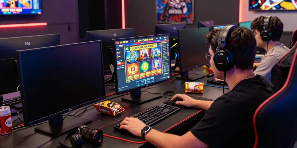 Engaged player enjoying slot gacor hari ini at gaming setup with vibrant visuals.