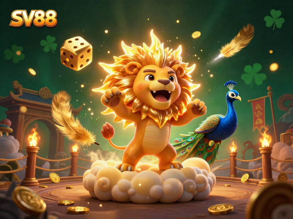 Experience thrilling gaming at SV88 with golden dice, a roaring lion, and vibrant elements