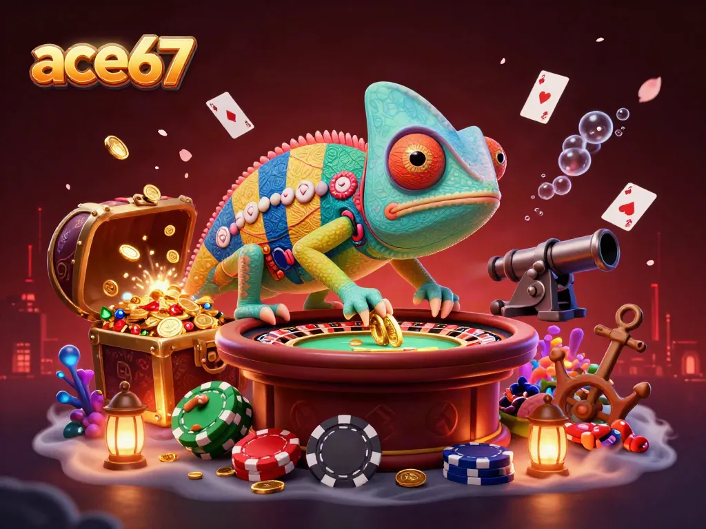 Engaging illustration showcasing ace67 chameleon casino owner capturing golden coins amidst vibrant casino elements