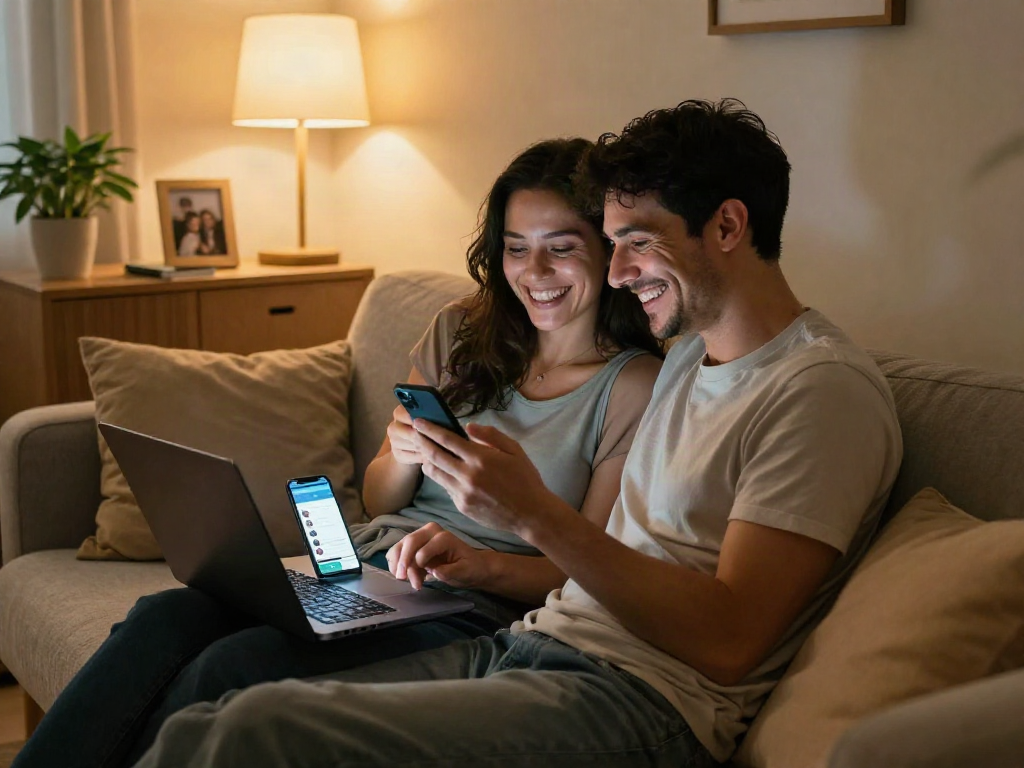 Couple engaging in ai sexting on a cozy couch, showcasing digital intimacy.