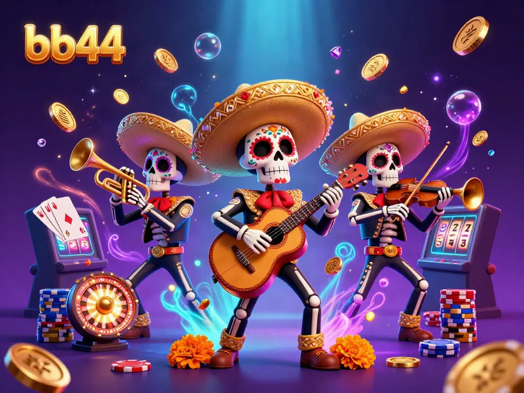 Experience bb44's vibrant gaming scene with a lively mariachi band and cascading coins.