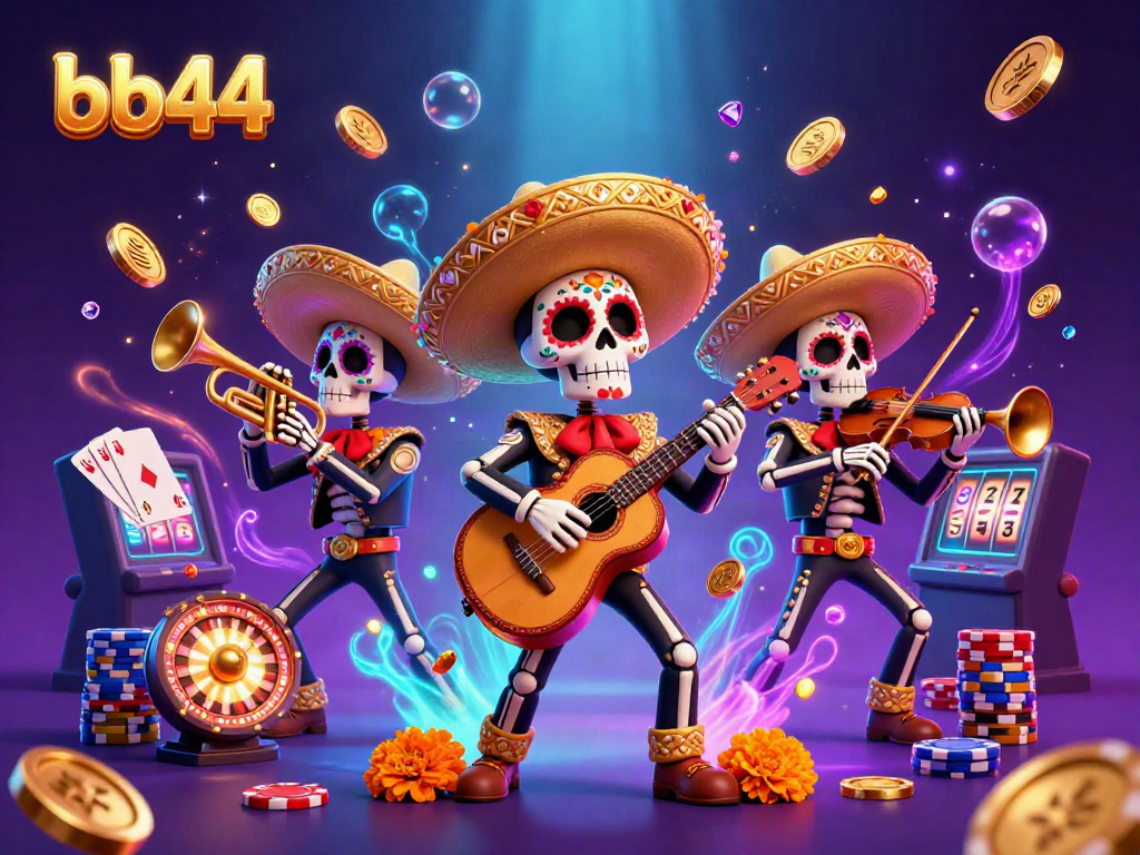 Experience bb44's vibrant gaming scene with a lively mariachi band and cascading coins.