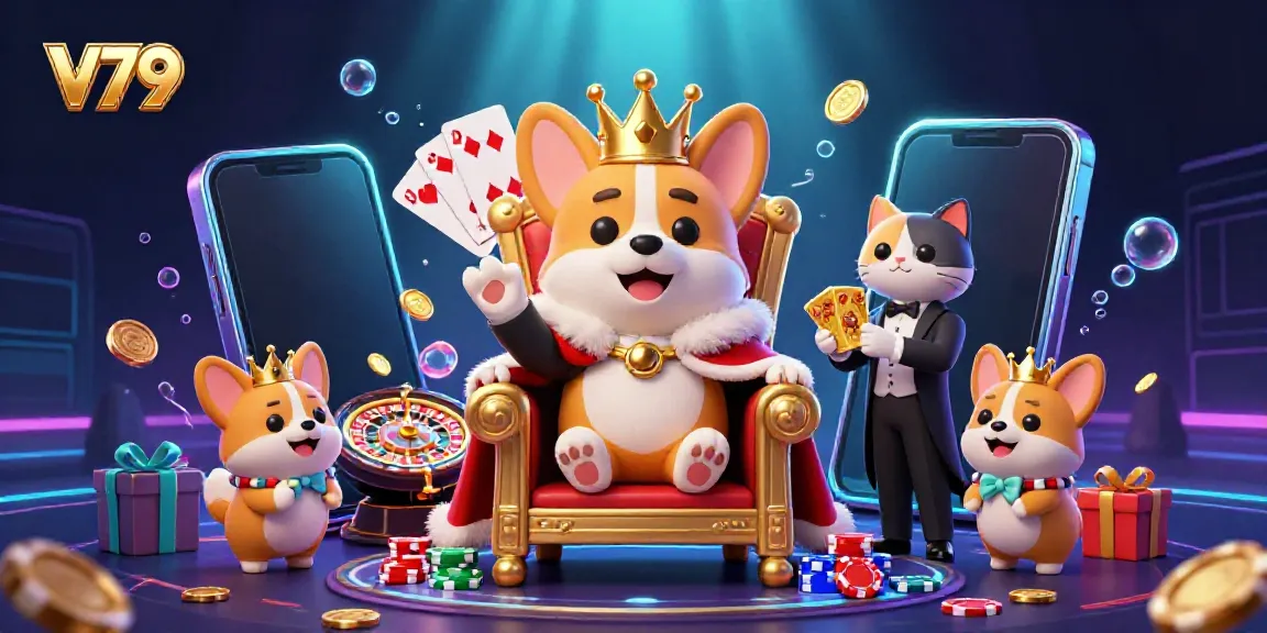 Experience thrilling gameplay at V79 with a royal corgi and cat butler in a colorful casino scene.
