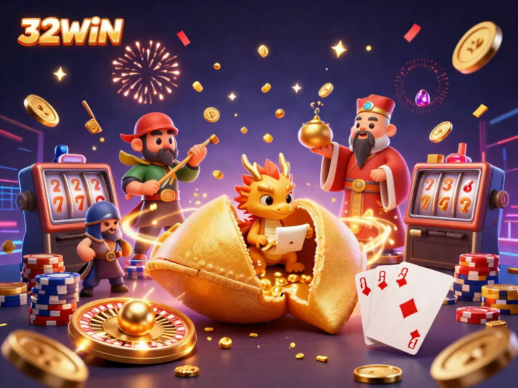 Engage with casino excitement at 32WIN featuring a vivid 3D illustration of fortune characters and dynamic game elements.