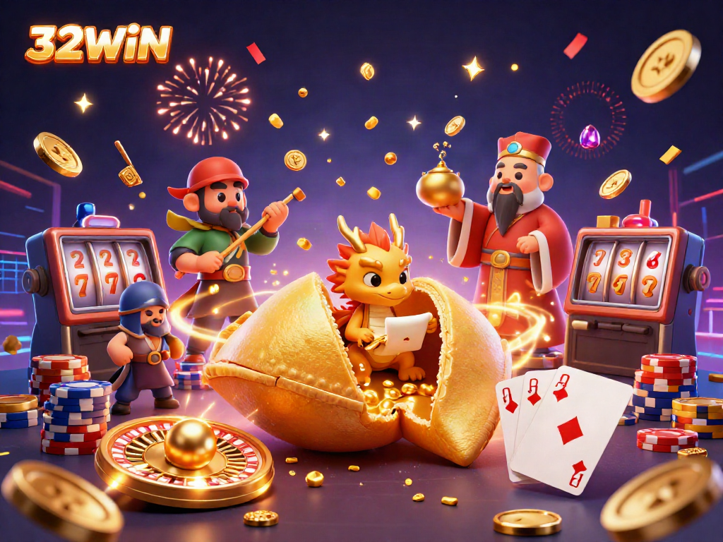 Engage with casino excitement at 32WIN featuring a vivid 3D illustration of fortune characters and dynamic game elements.