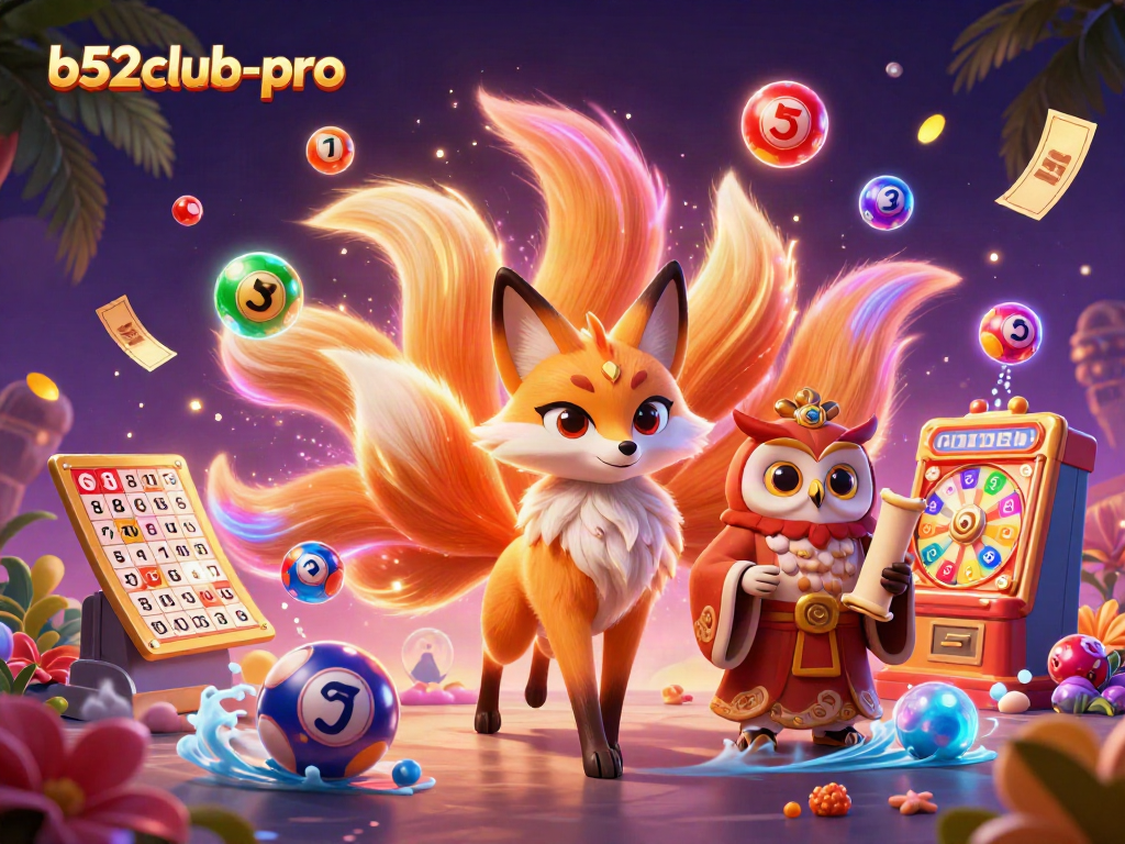 Engage with b52club-pro's vibrant lottery scene featuring a colorful nine-tailed fox spirit and dynamic game elements.