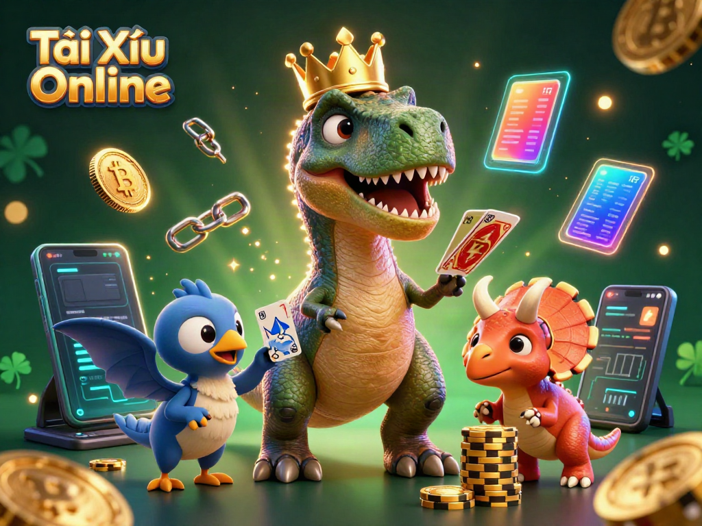 Experience the excitement of Tài Xỉu Online with 3D characters in action, surrounded by crypto elements.