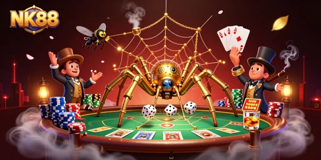 Experience the thrill of NK88 with a steampunk spider capturing dice in an intricate web at a poker table.