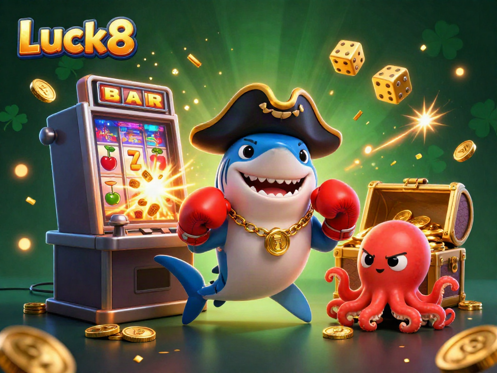 Join the fun at Luck8 with vibrant casino games, including a shark, pufferfish, and octopus!