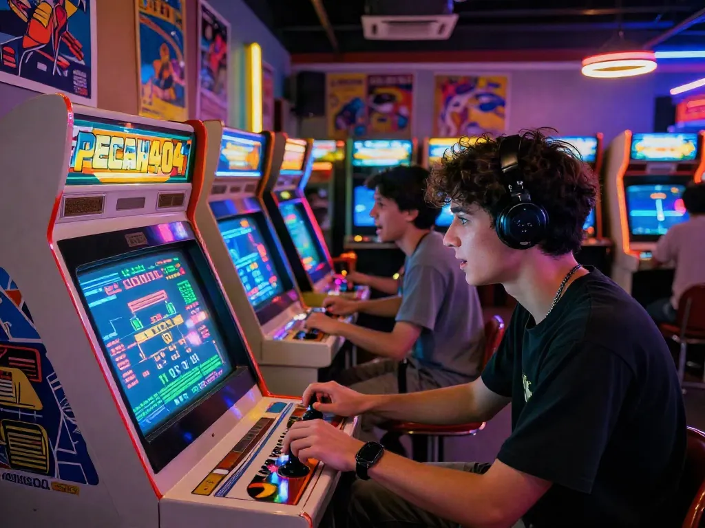 Nostalgic gaming scene with player engaging with PECAH404 arcade game, vibrant retro atmosphere.