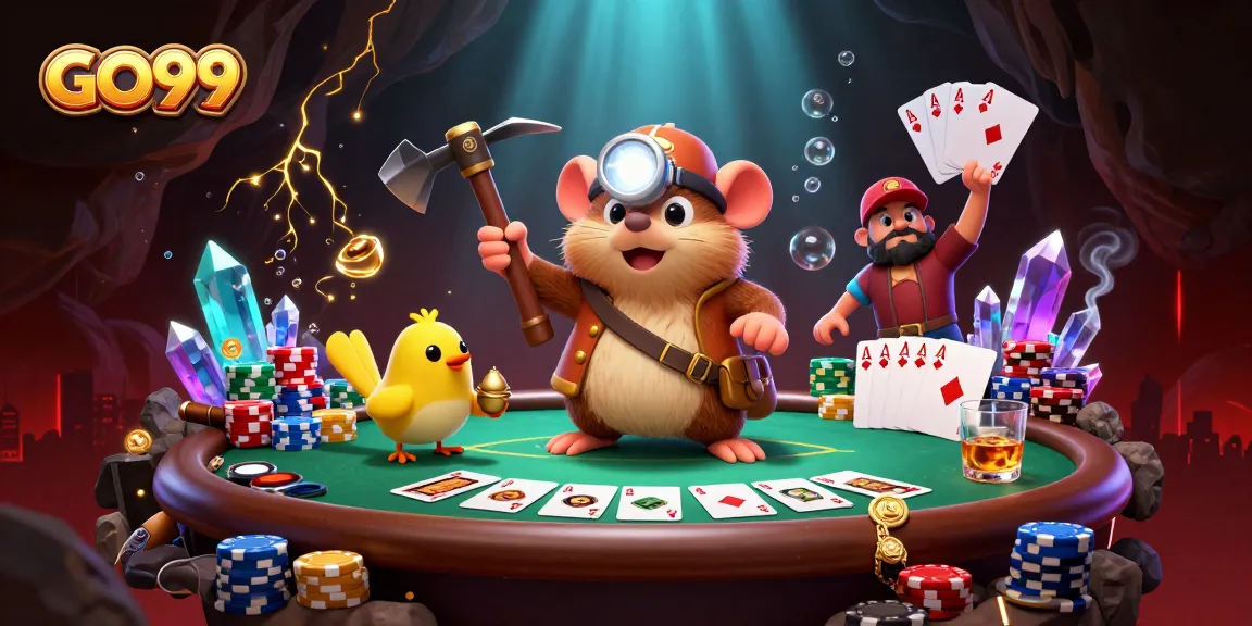 GO99 showcases a treasure hunter mole at a vibrant poker scene, filled with excitement and gems.