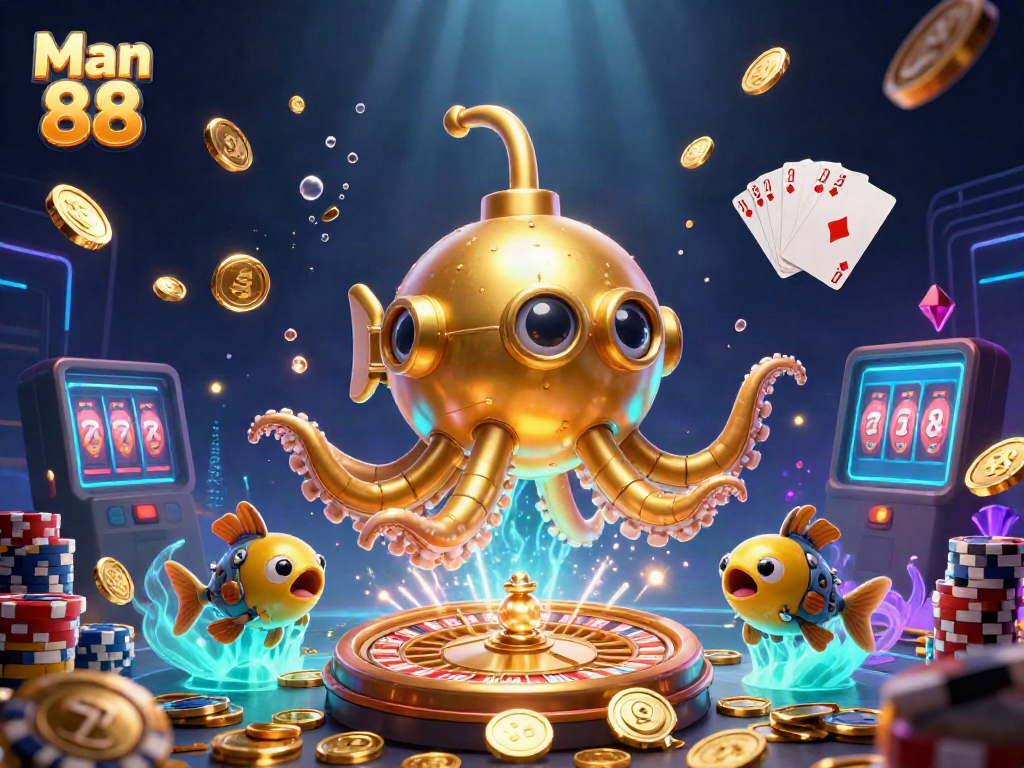 Experience the excitement of Man 88 as the golden kraken submarine emerges from a sea of coins!