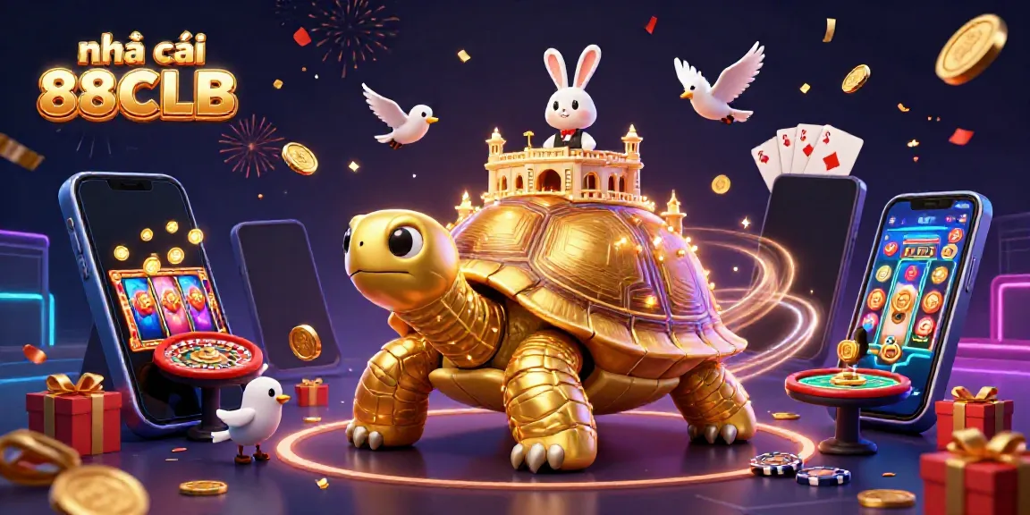 Spin the reels and win at nhà cái 88CLB with a vibrant golden tortoise casino scene.