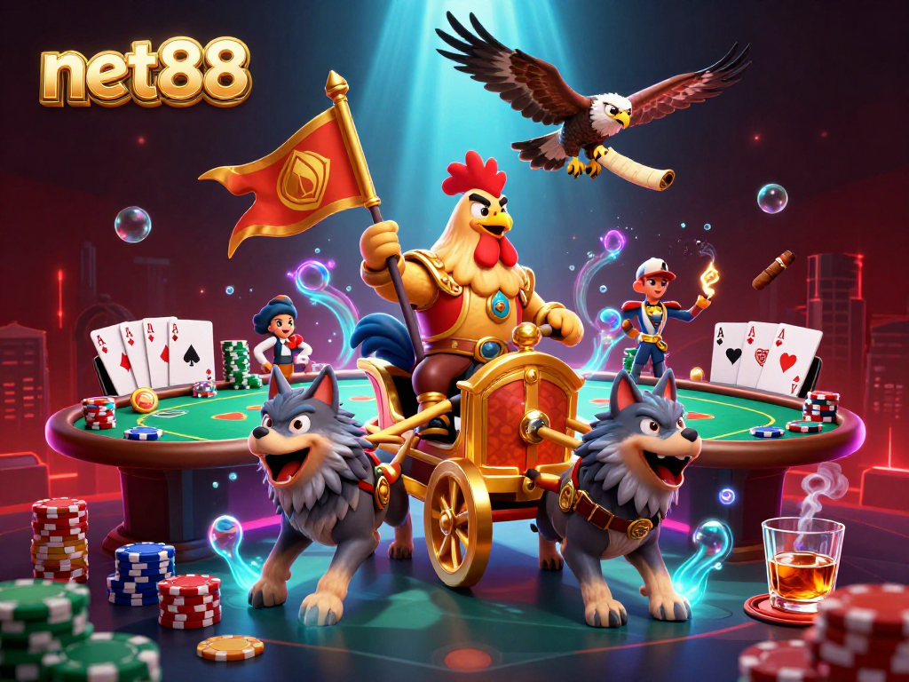 Engage with net88 as a 3D cartoon warlord plays high-stakes poker amidst vibrant casino elements.