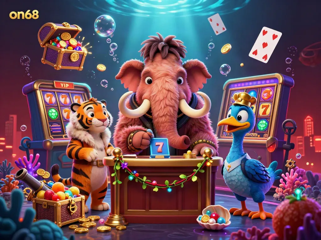 Experience on68's thrilling gaming atmosphere with vibrant characters and dynamic slot game elements.