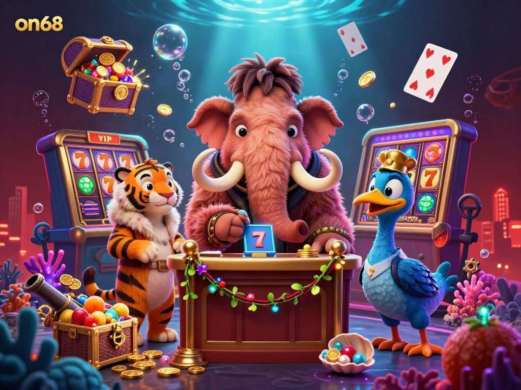 Experience on68's thrilling gaming atmosphere with vibrant characters and dynamic slot game elements.