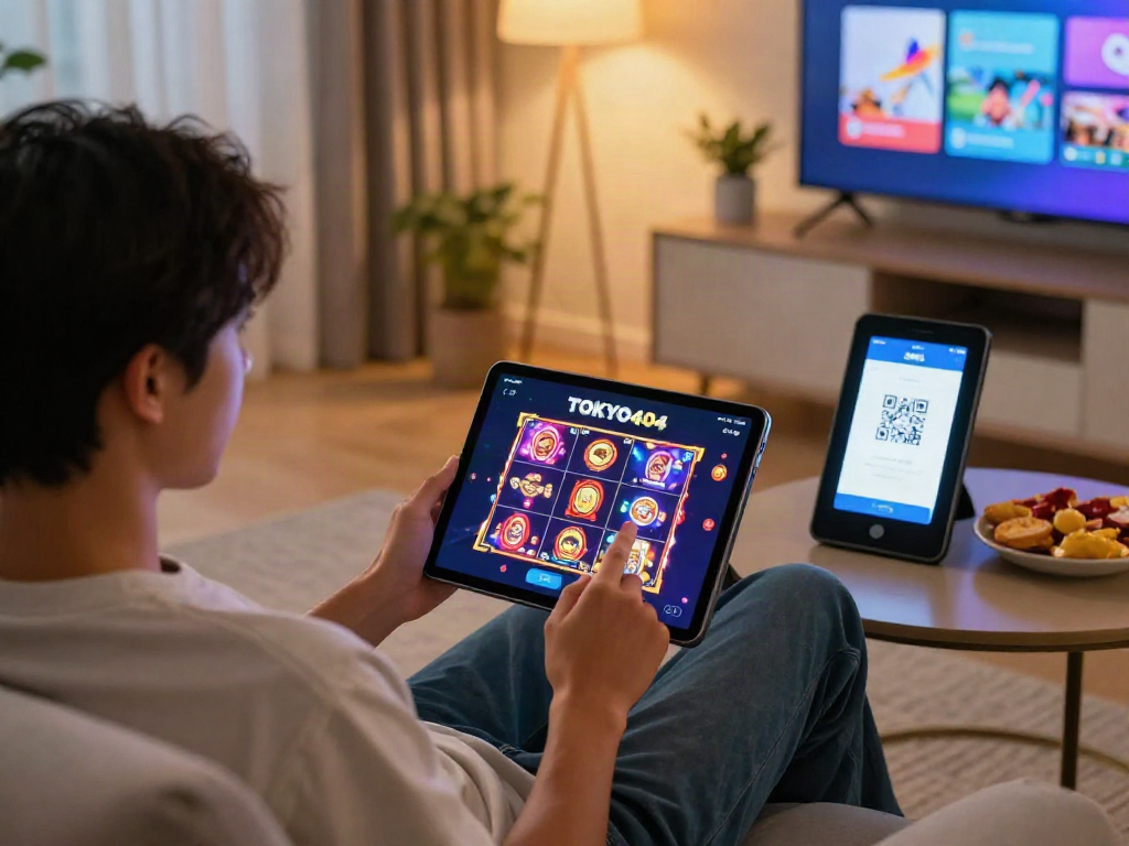 Player engaging with slot qris game on tablet in cozy living room.