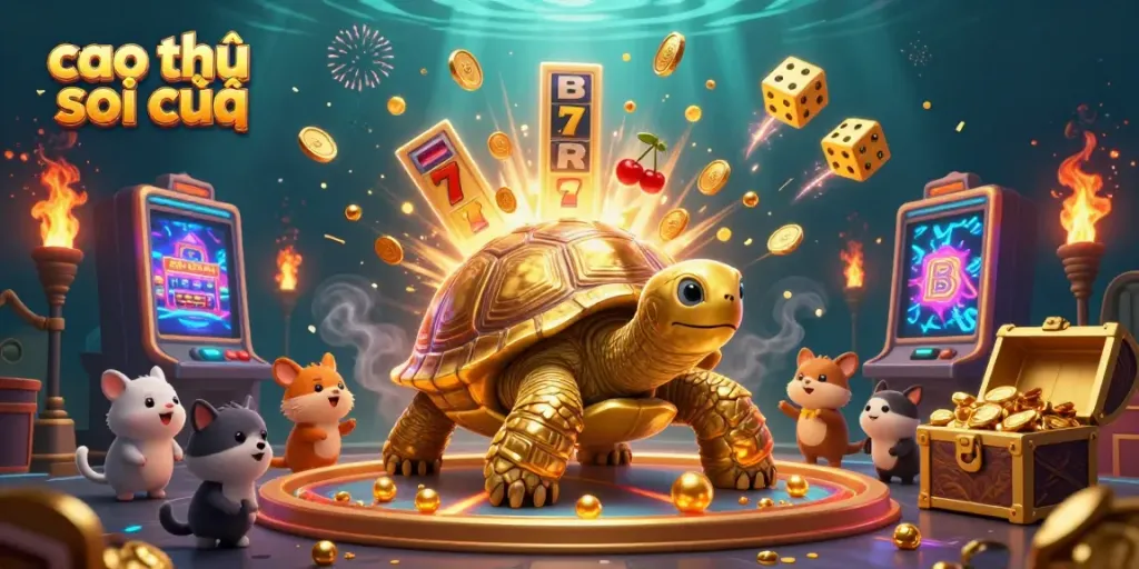 Cao thủ soi cầu showcases an energetic scene of gambling excitement with a golden tortoise pinball machine and a lively jackpot explosion.