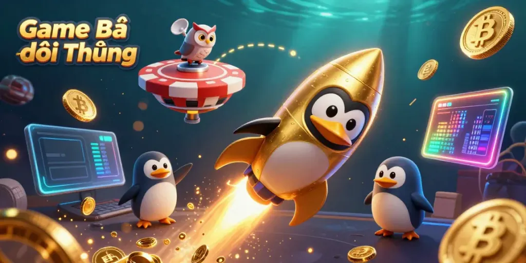 Experience the thrill of Game Bài Đổi Thưởng with our colorful 3D illustration of a golden penguin in space.