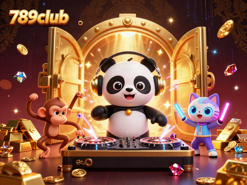 Experience 789club's vibrant gaming atmosphere with panda DJ, glowing kitten, and dancing monkey.