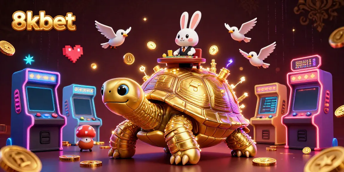 Experience 8xbet’s vibrant gaming world with a golden tortoise casino and flying coins.
