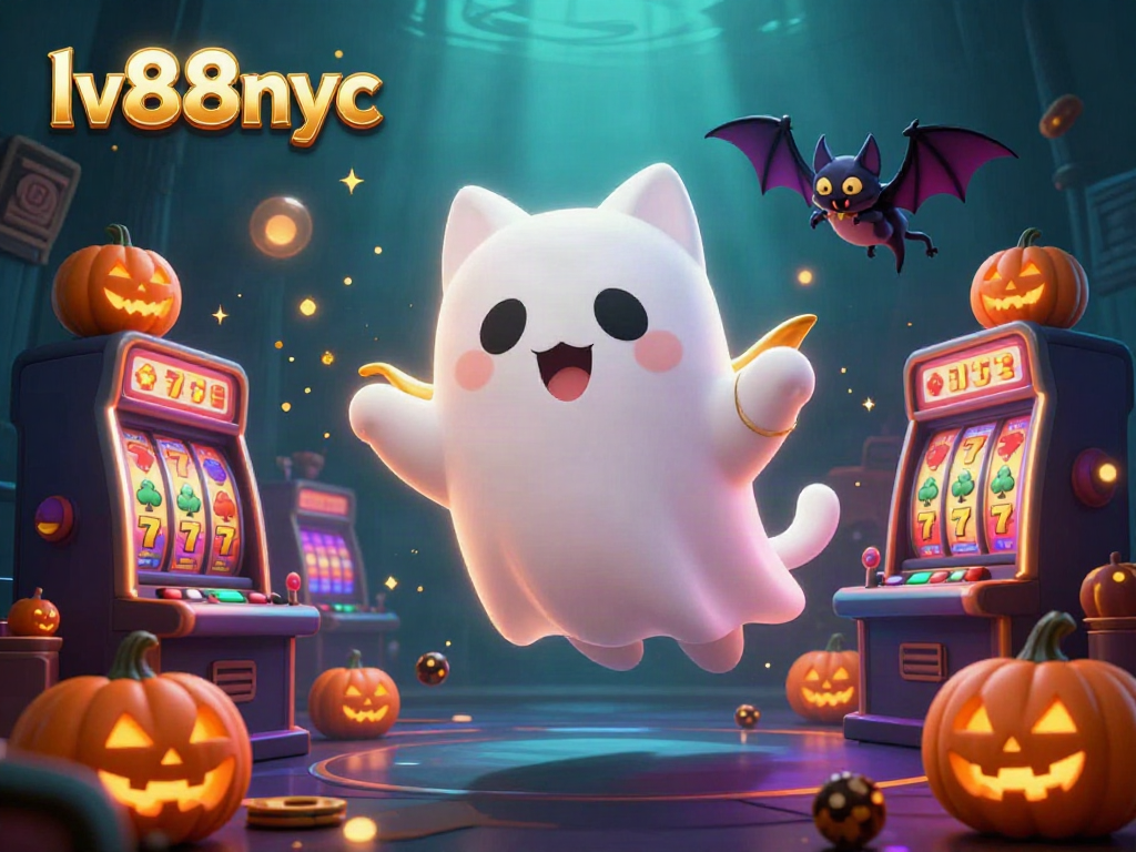 Experience the thrill of LV88NYC with a ghost cat, bat, and glowing jack-o-lanterns in a haunted casino.
