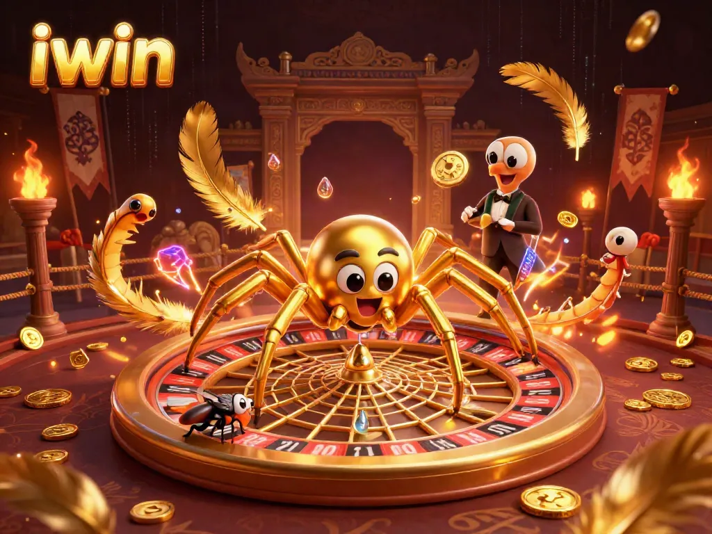 Engage with IWIN's thrilling golden roulette scene, featuring a fly betting nervously and a centipede croupier.