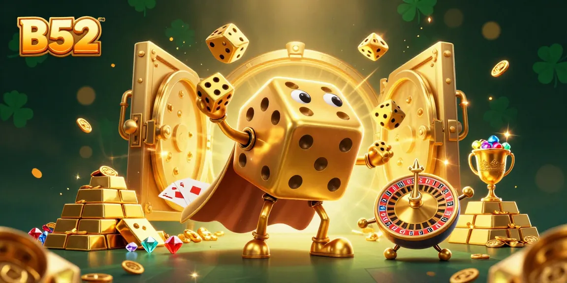 Win big with B52 in a lively casino scene featuring golden dice and treasure