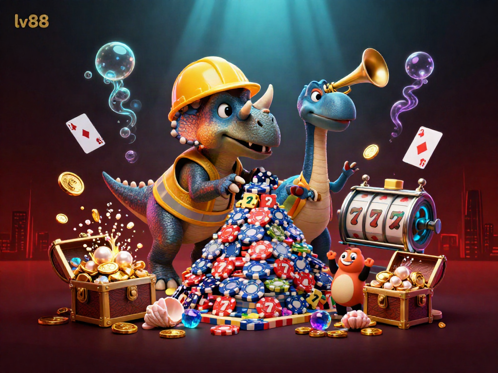 Celebrate winning with LV88's dynamic casino scene featuring colorful characters and engaging games.