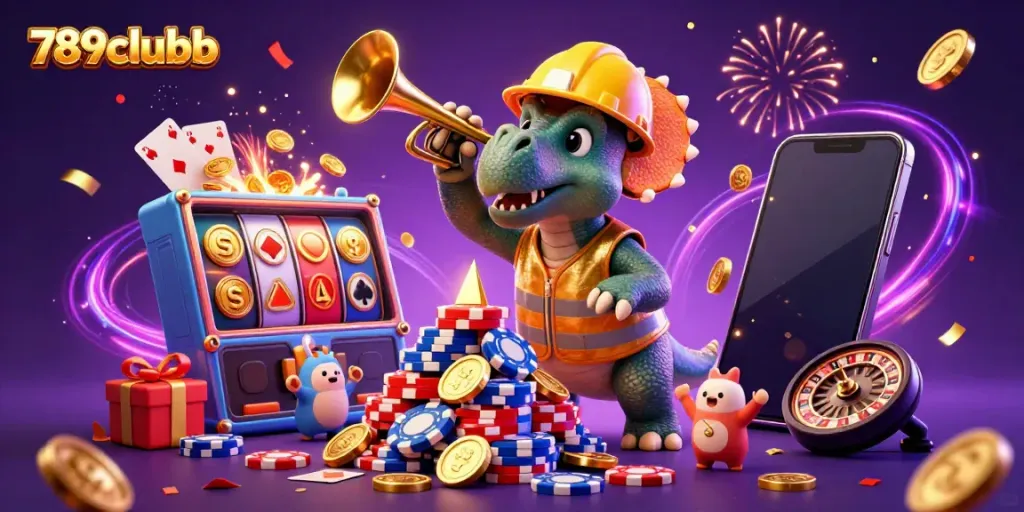 Experience the vibrant celebration of 789clubb with 3D characters building poker chip pyramids amidst slot games and festive confetti.