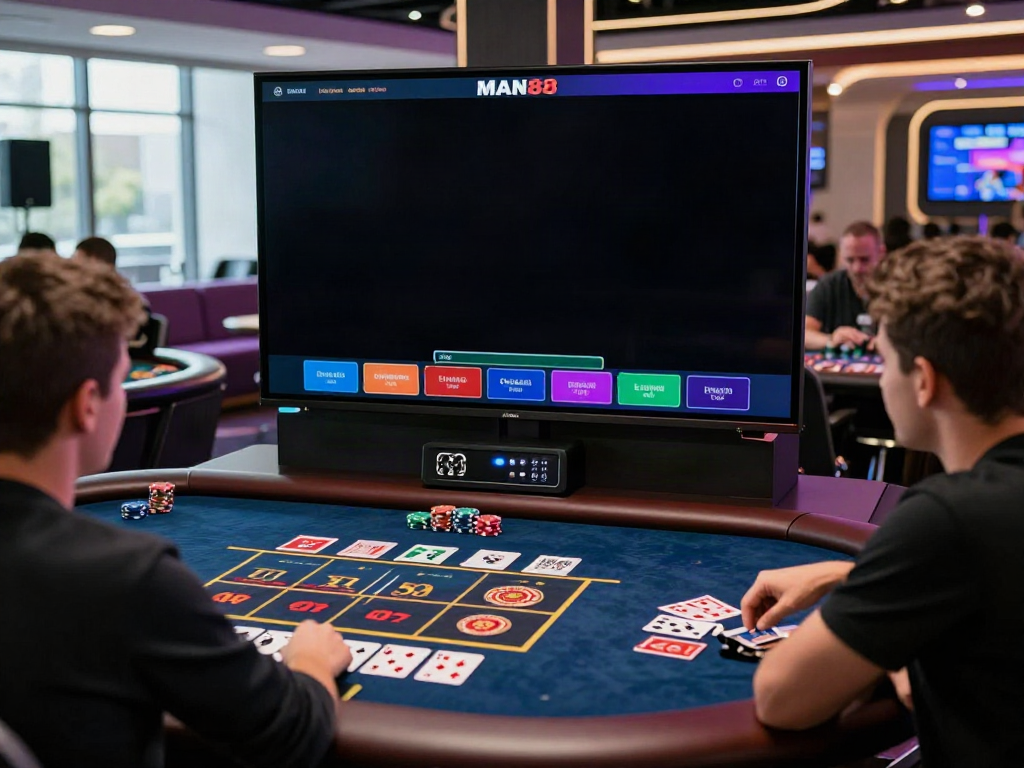 Engaging online gambling experience at MAN88 with vibrant atmosphere and live dealer display.