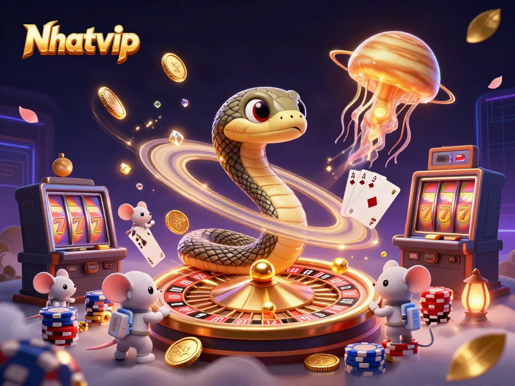 Nhatvip offers thrilling bets in a cosmic casino crafted with vibrant 3D cartoon characters and elements.