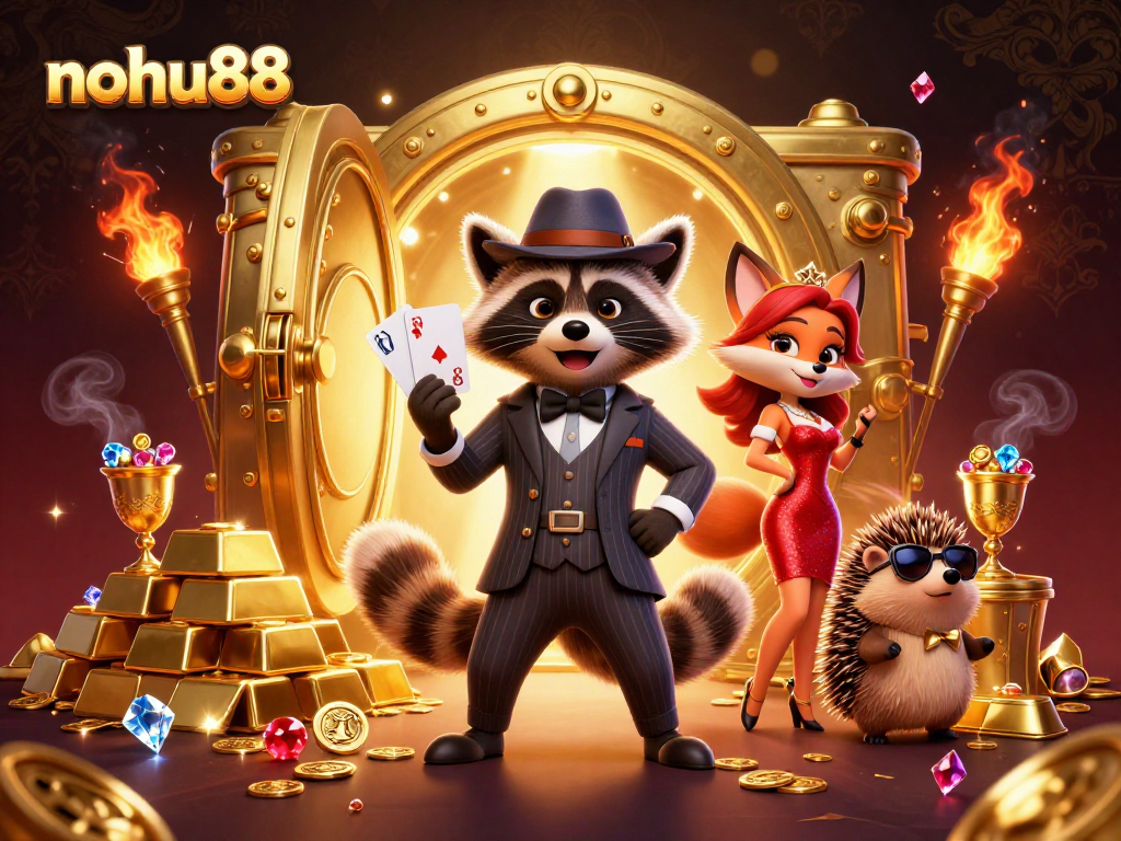 Experience the excitement of nohu88 gaming with a vibrant illustration featuring a raccoon, fox, and hedgehog.