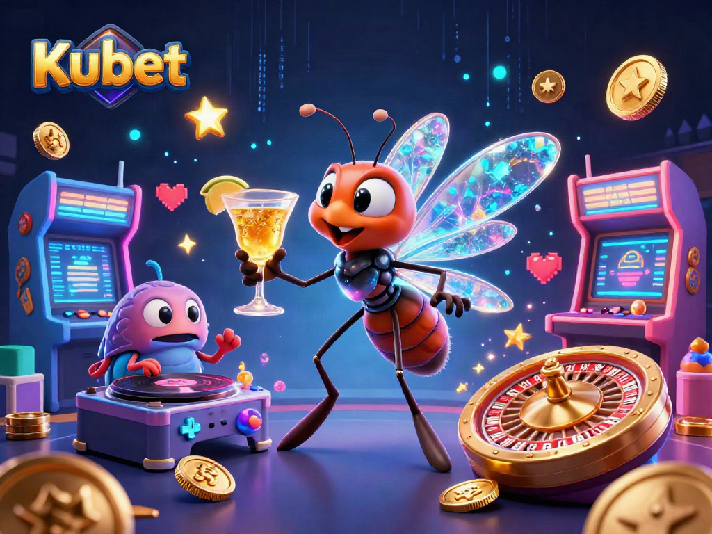 Kubet invites players to enjoy a vibrant casino scene with a unique frozen-in-amber mascot and engaging game elements.