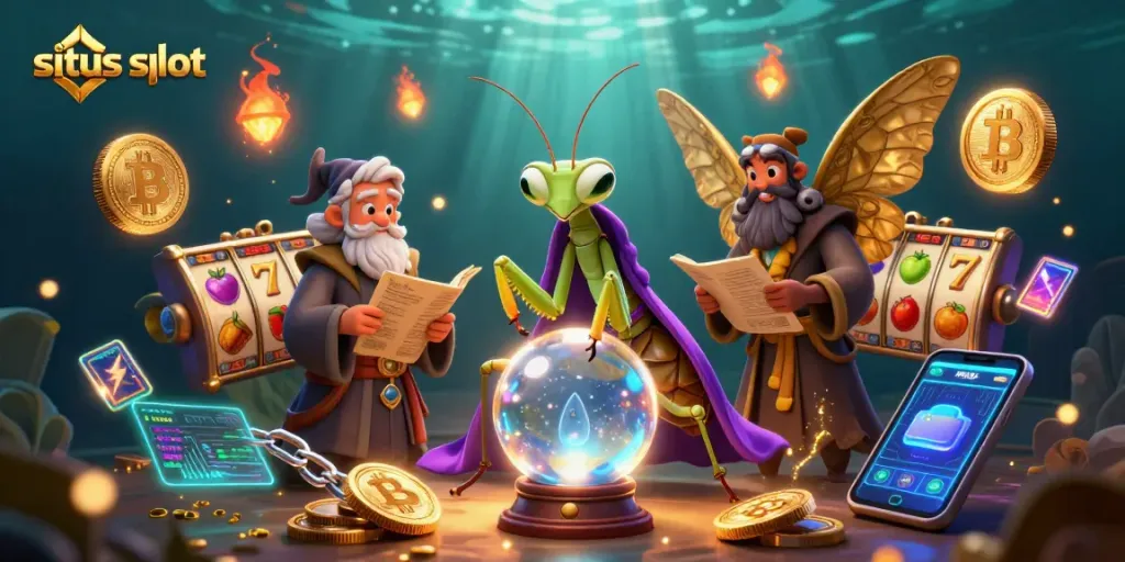 Menggenggam kesempatan bermain situs slot dengan simbol slot yang berwarna-warni dan karakter penghibur di platform kasino digital.