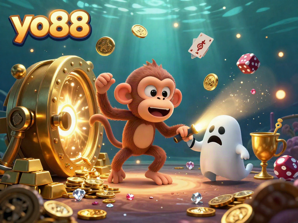 Experience thrilling gaming adventures with yo88 in this vibrant underwater casino scene featuring lively characters and golden treasures.