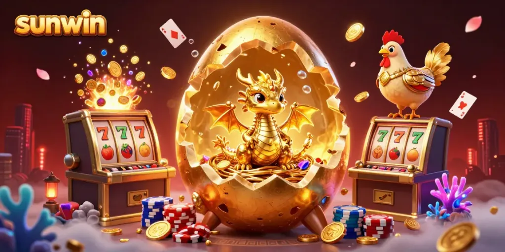 Experience the excitement of sunwin with a baby dragon and poker chips in a vibrant casino setting.