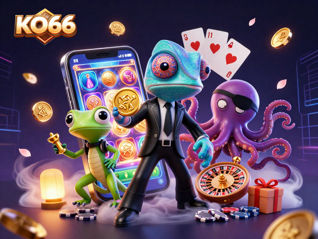 Engage with KO66 in this vibrant 3D illustration showcasing casino excitement and live gaming action.
