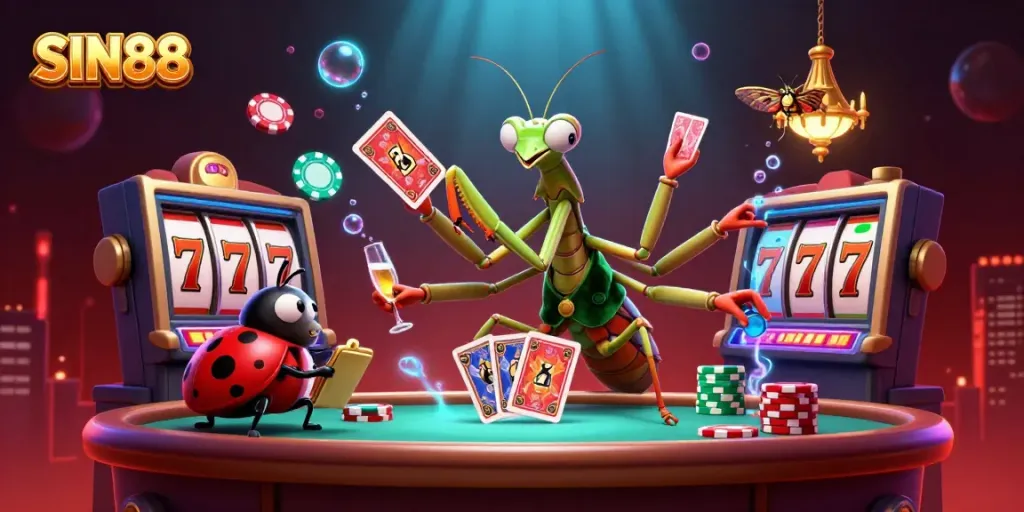 SIN88 offers an exciting casino experience where a giant praying mantis card sharp deals cards amidst gold coins and vibrant gameplay elements.