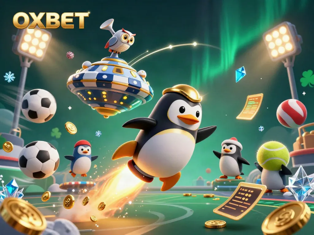 Experience thrilling gaming at OXBET with a golden penguin and dynamic sports elements.