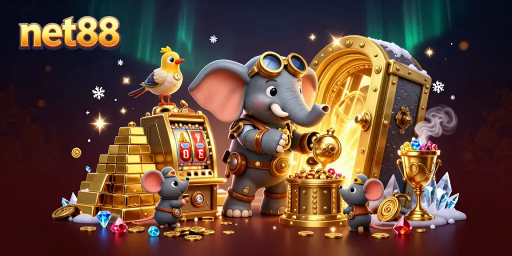 Spin the golden slot machine at net88, featuring a whimsical steampunk elephant engineer amidst treasures.
