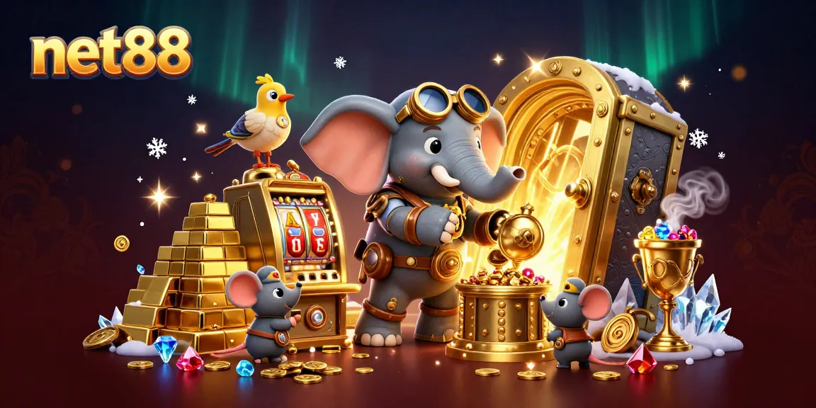 Spin the golden slot machine at net88, featuring a whimsical steampunk elephant engineer amidst treasures.
