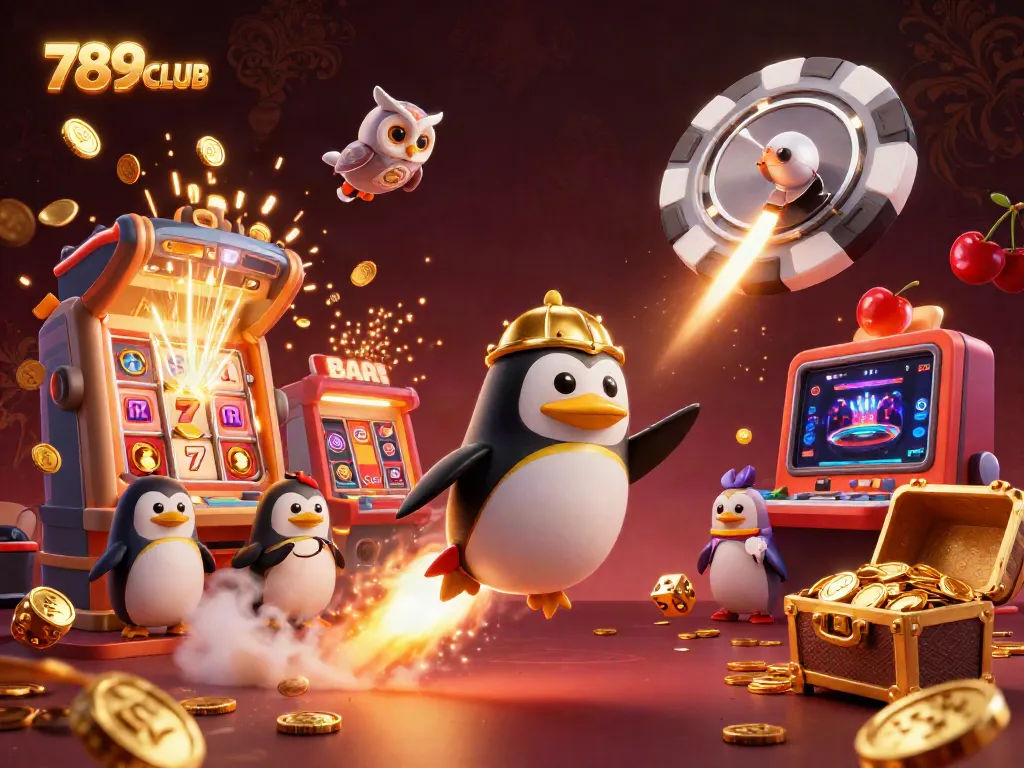 Engage with the vibrant world of 789CLUB where a golden penguin journeys through a spectacular casino universe.