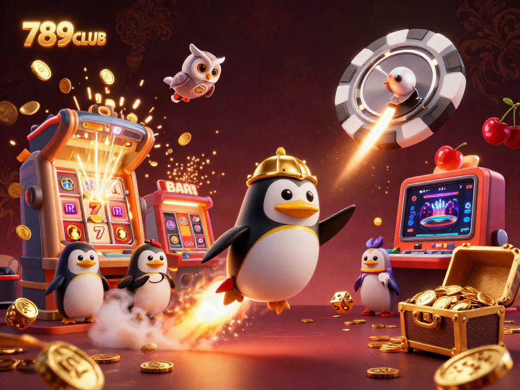 Engage with the vibrant world of 789CLUB where a golden penguin journeys through a spectacular casino universe.
