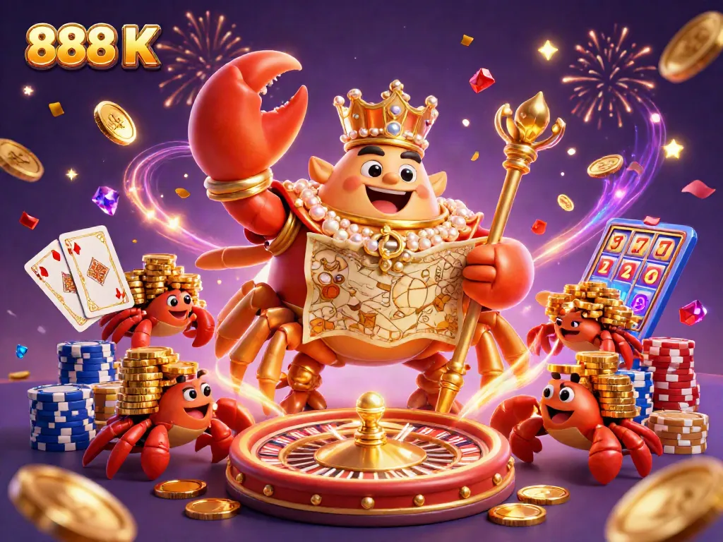 Experience thrilling wins at 888 K, featuring a golden crab emperor and a dazzling casino scene.
