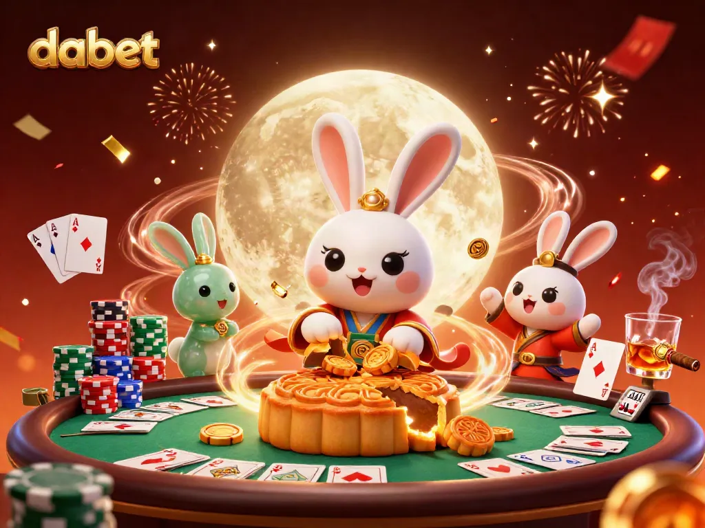 Engage with dabet while a moon rabbit conjures poker chips amid a celebratory casino scene.
