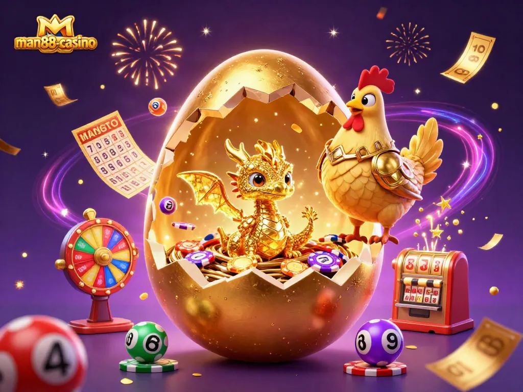 Experience the excitement at man88-casino with a golden dragon and vibrant gaming elements.