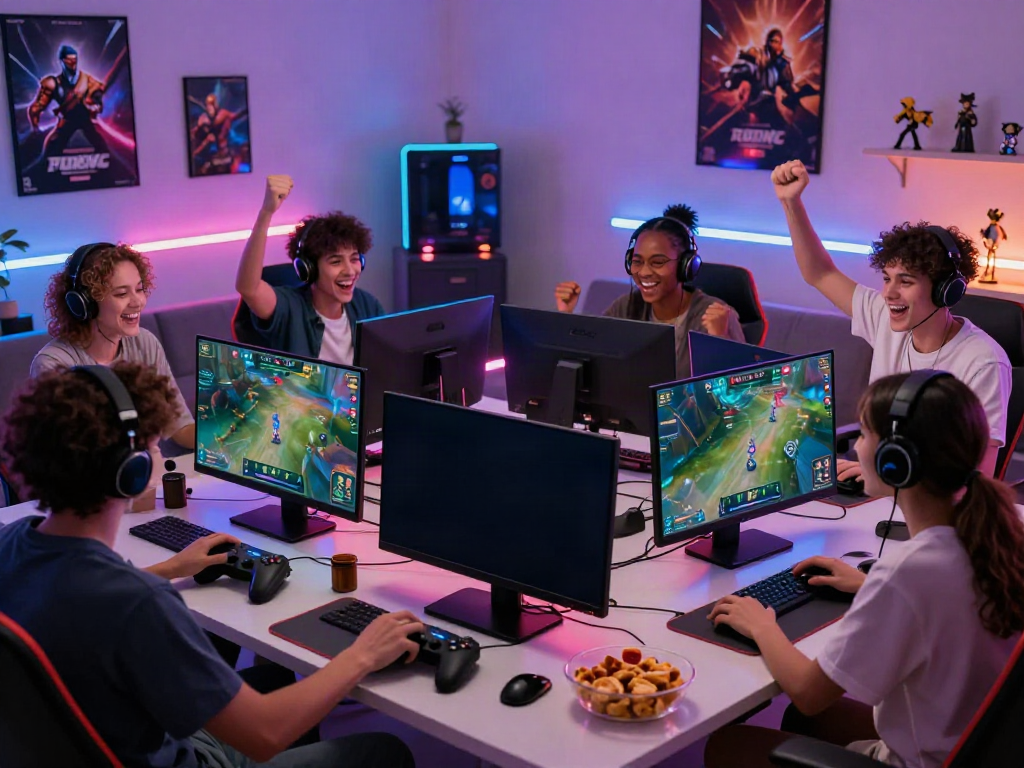 Friends enjoying an exciting five88 esports gaming session together, surrounded by futuristic decor and vibrant lights.