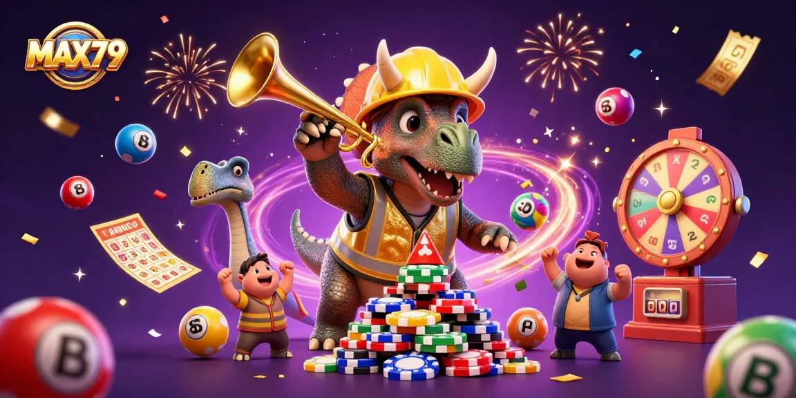 Experience MAX79's gaming excitement with a dynamic scene featuring a cheerful 3D triceratops building poker chip pyramids.