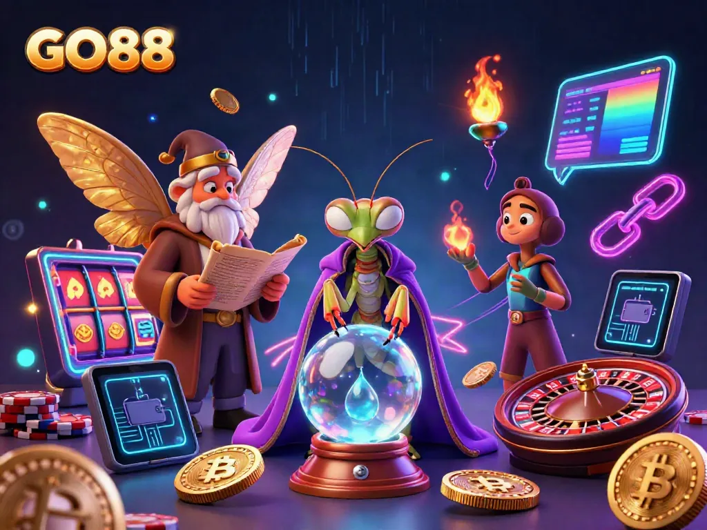 Interact with the GO88 casino scene featuring mystical fortune tellers and vibrant gaming elements.